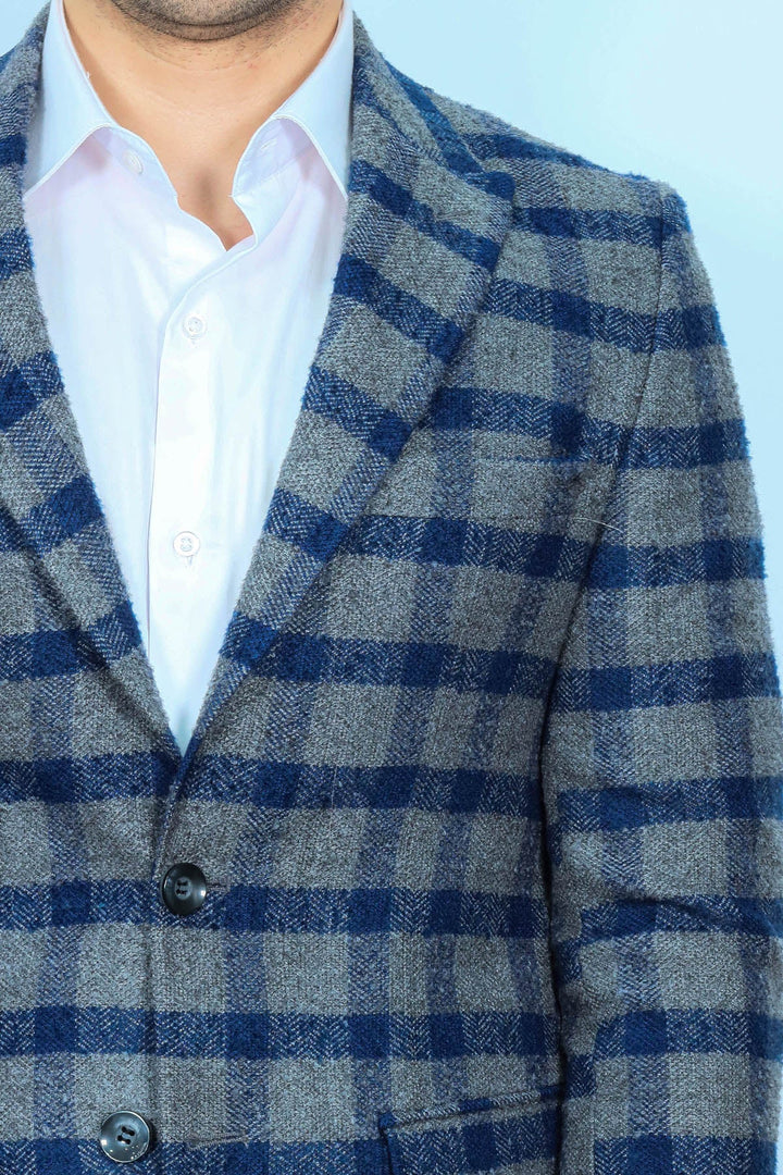 WSS Checked Peak Lapel Slim-Fit Blue Men Blazer  - Florence