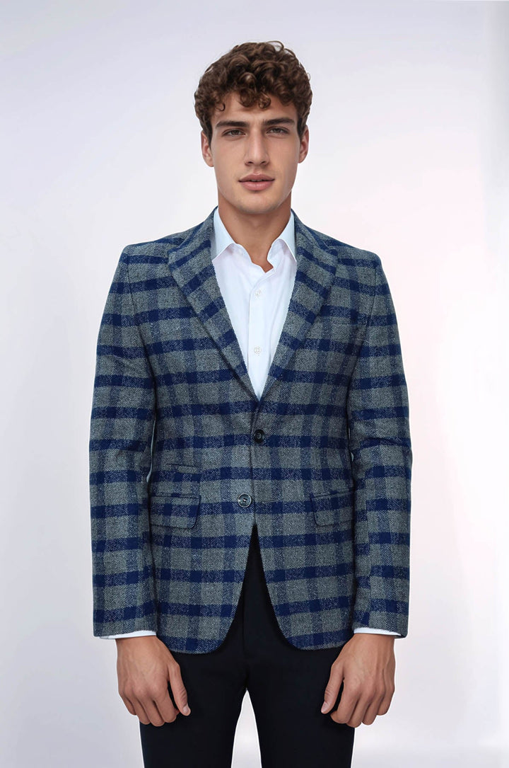 WSS Checked Peak Lapel Slim-Fit Blue Men Blazer  - Florence