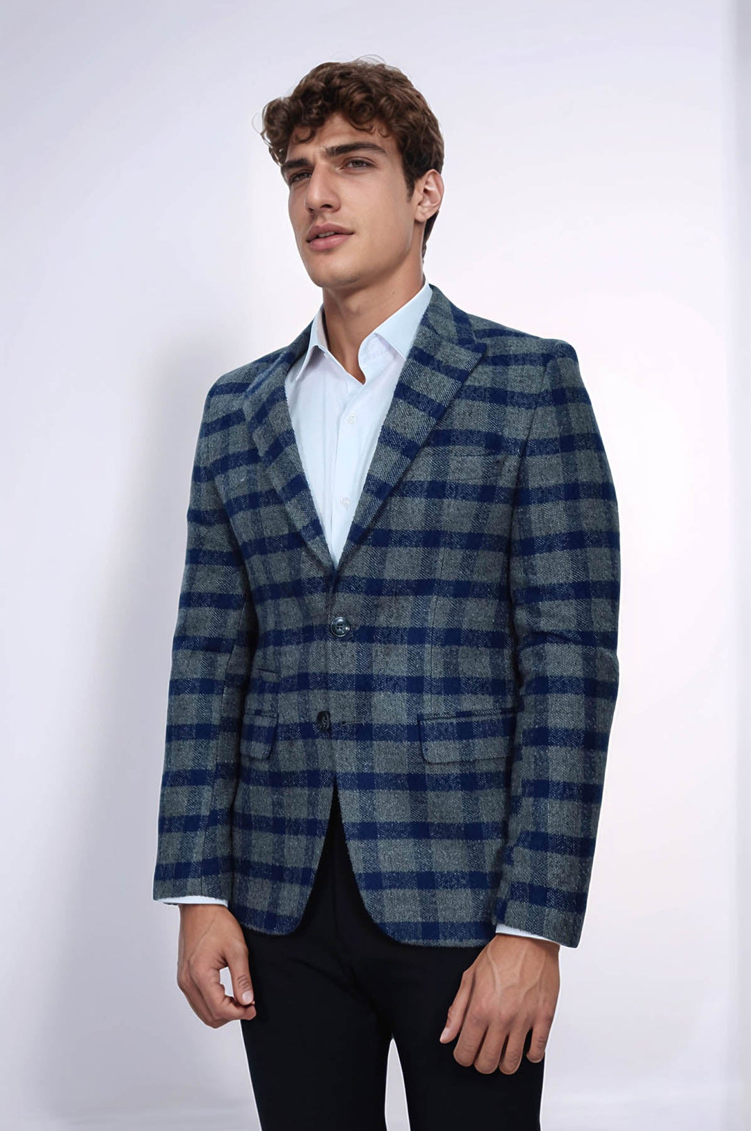 WSS Checked Peak Lapel Slim-Fit Blue Men Blazer  - Florence