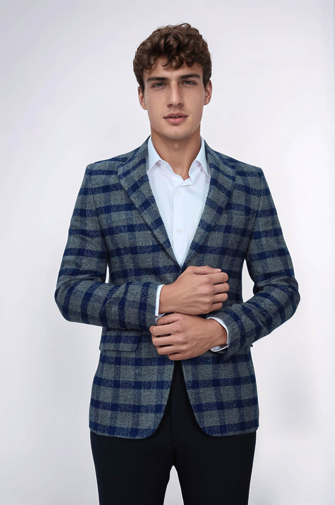 WSS Checked Peak Lapel Slim-Fit Blue Men Blazer  - Florence