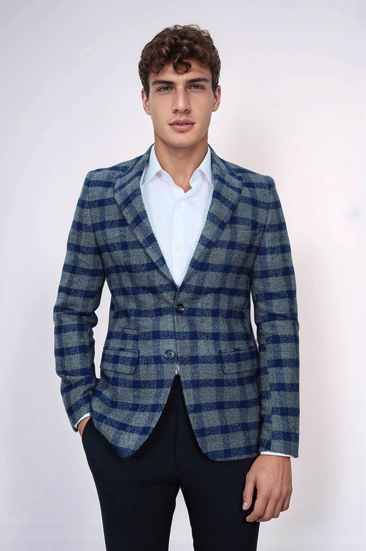 WSS Checked Peak Lapel Slim-Fit Blue Men Blazer  - Florence