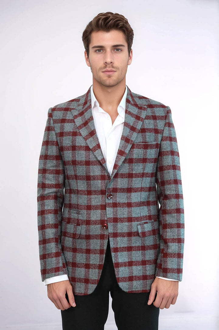 WSS Checked Peak Lapel Slim-Fit Burgundy Men Blazer  - New Haven