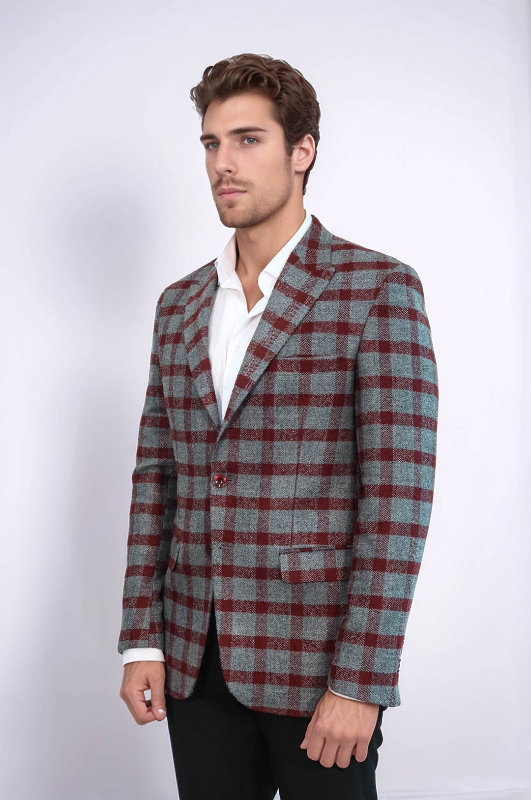 WSS Checked Peak Lapel Slim-Fit Burgundy Men Blazer  - New Haven
