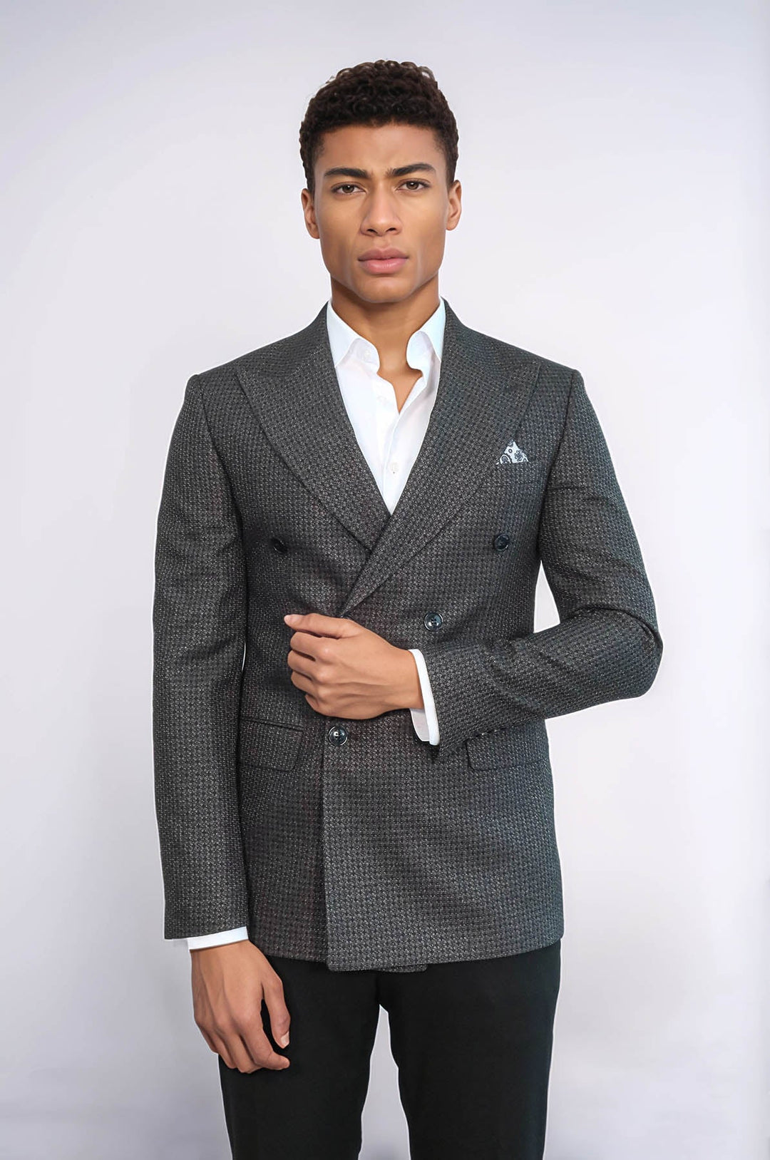 WSS Houndstooth Patterned Grey Men Double Breasted Blazer  - Eltham