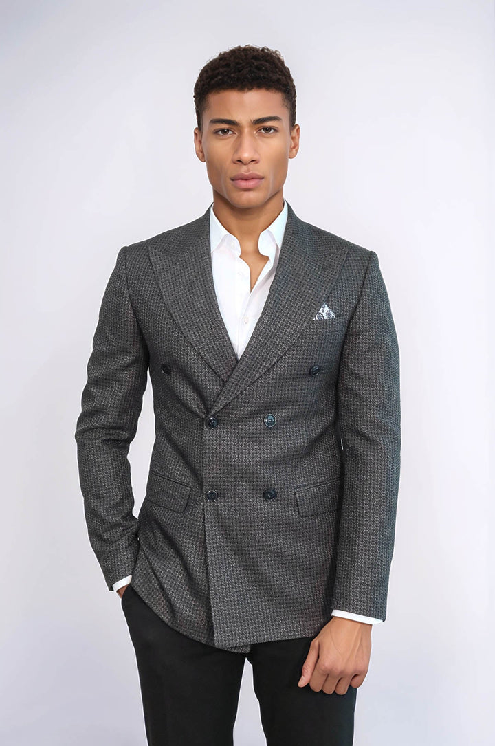 WSS Houndstooth Patterned Grey Men Double Breasted Blazer  - Eltham