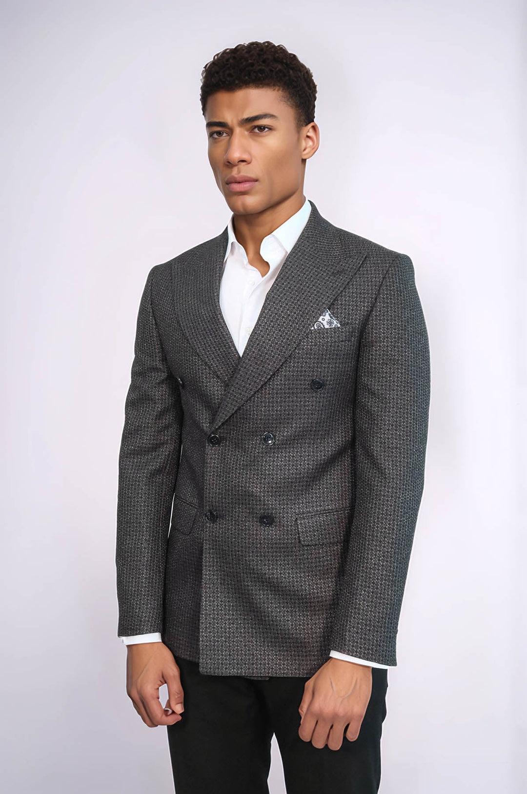 WSS Houndstooth Patterned Grey Men Double Breasted Blazer  - Eltham