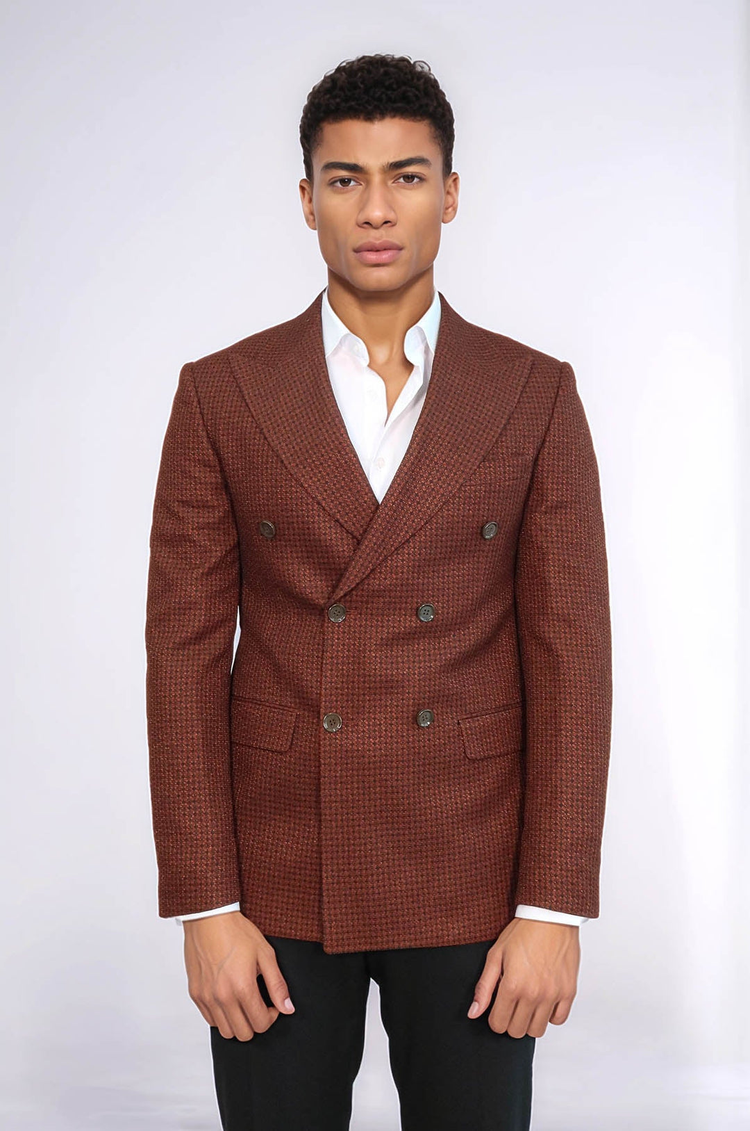 WSS Houndstooth Patterned Brown Men Double Breasted Blazer  - Concord