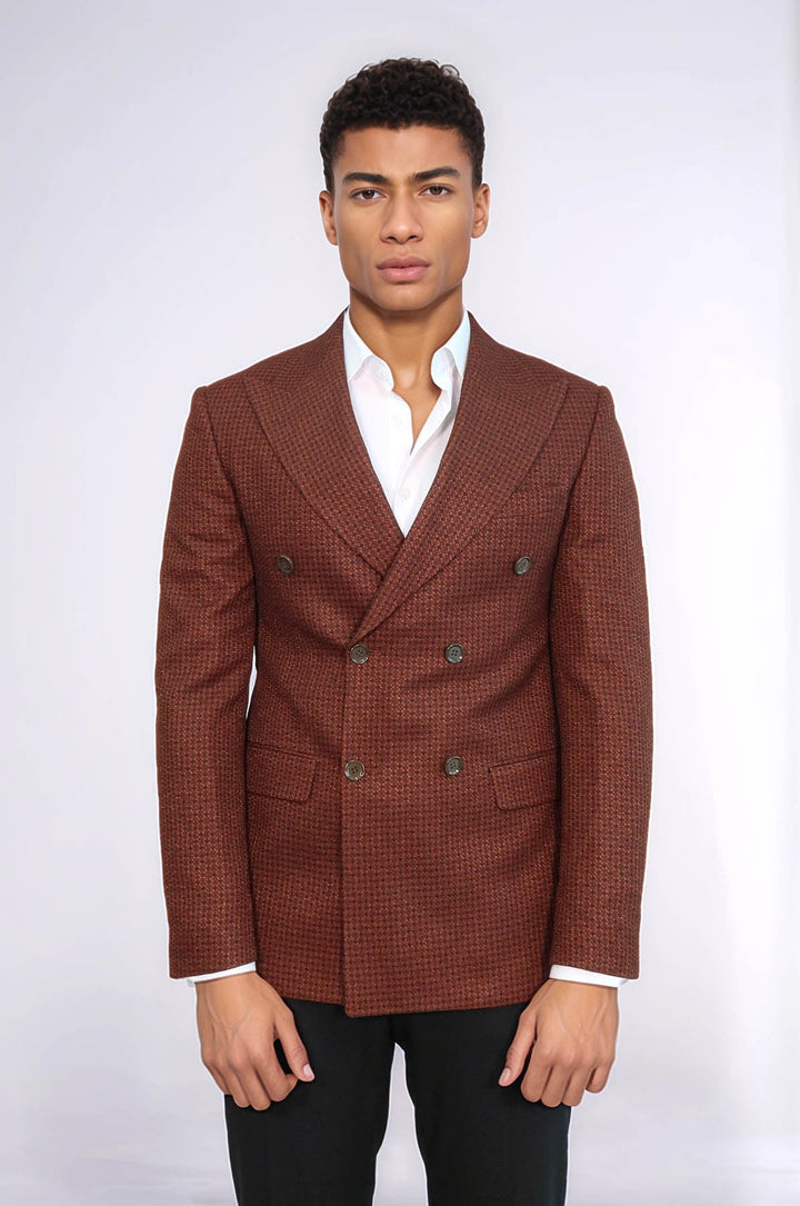 WSS Houndstooth Patterned Brown Men Double Breasted Blazer  - Concord