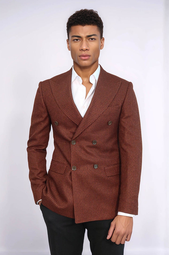 WSS Houndstooth Patterned Brown Men Double Breasted Blazer  - Concord