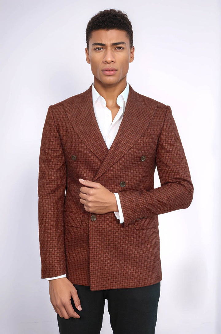 WSS Houndstooth Patterned Brown Men Double Breasted Blazer  - Concord