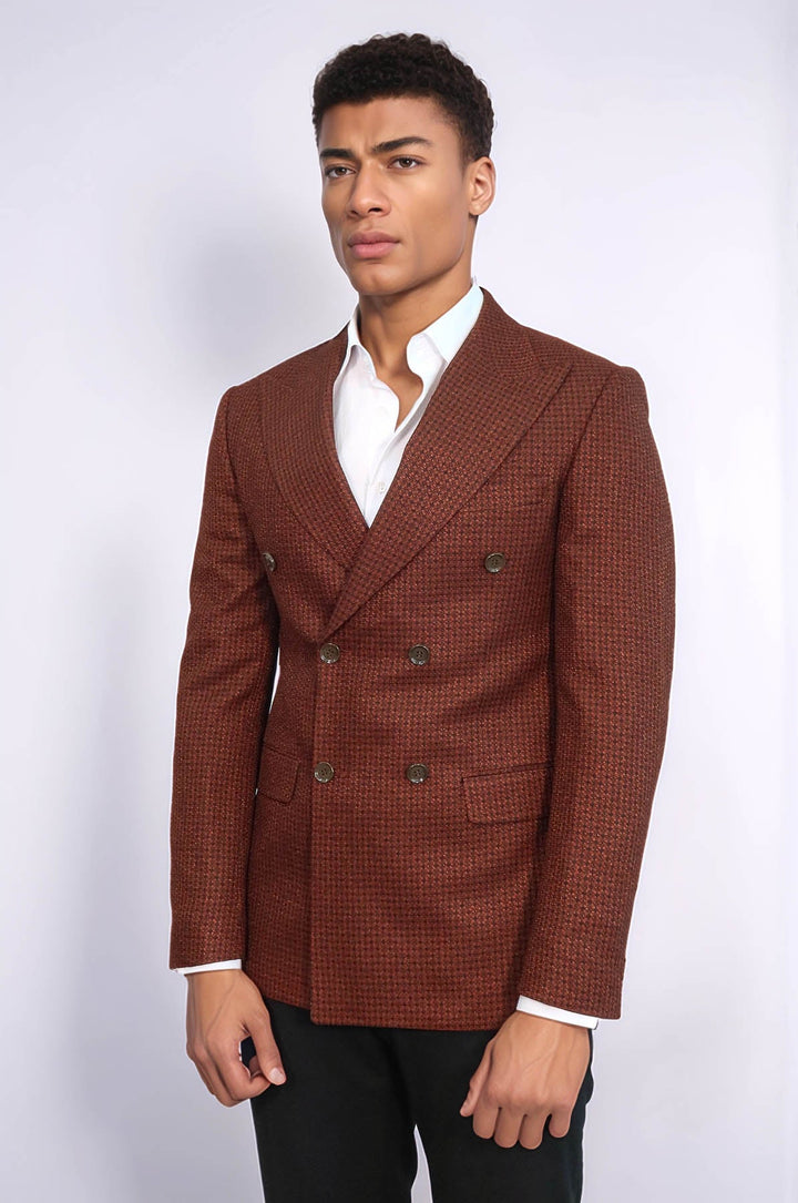 WSS Houndstooth Patterned Brown Men Double Breasted Blazer  - Concord