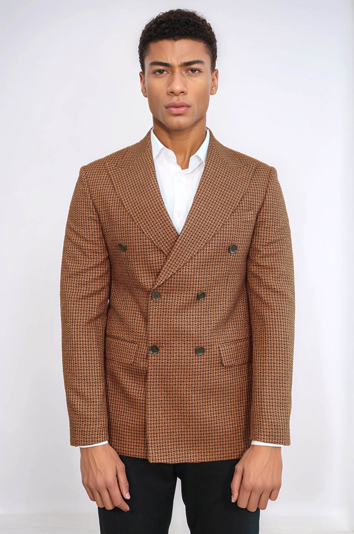 WSS Houndstooth Patterned Tawny Men Double Breasted Blazer  - Courtenay