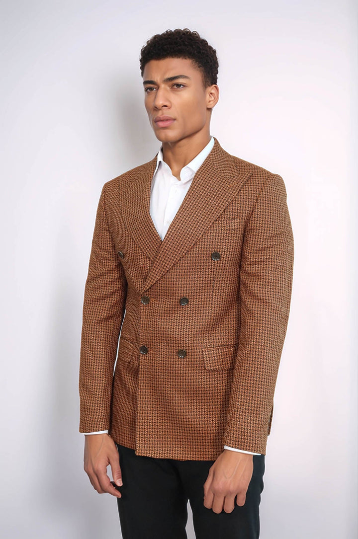 WSS Houndstooth Patterned Tawny Men Double Breasted Blazer  - Courtenay