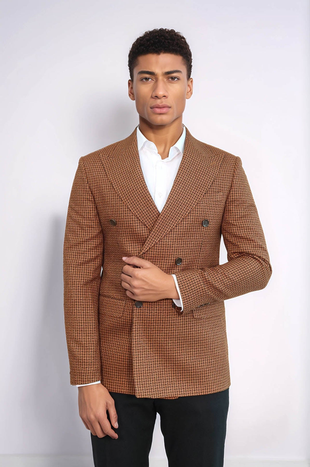 WSS Houndstooth Patterned Tawny Men Double Breasted Blazer  - Courtenay
