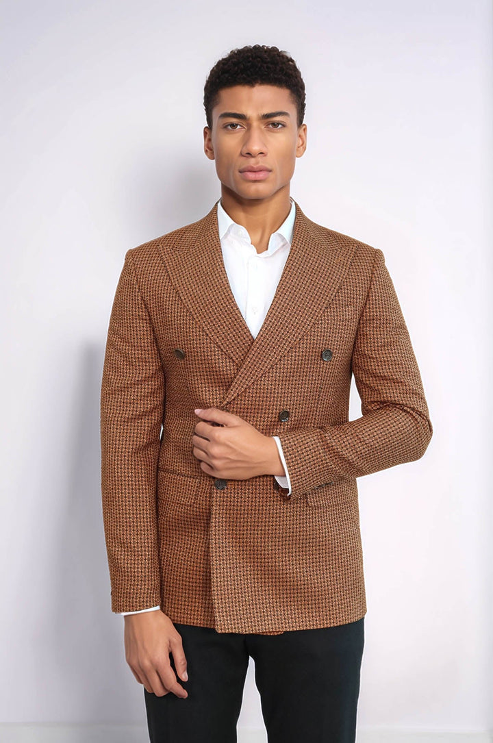 WSS Houndstooth Patterned Tawny Men Double Breasted Blazer  - Courtenay