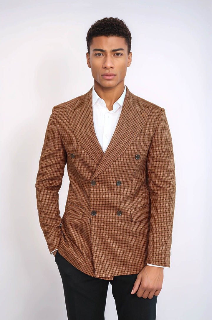 WSS Houndstooth Patterned Tawny Men Double Breasted Blazer  - Courtenay