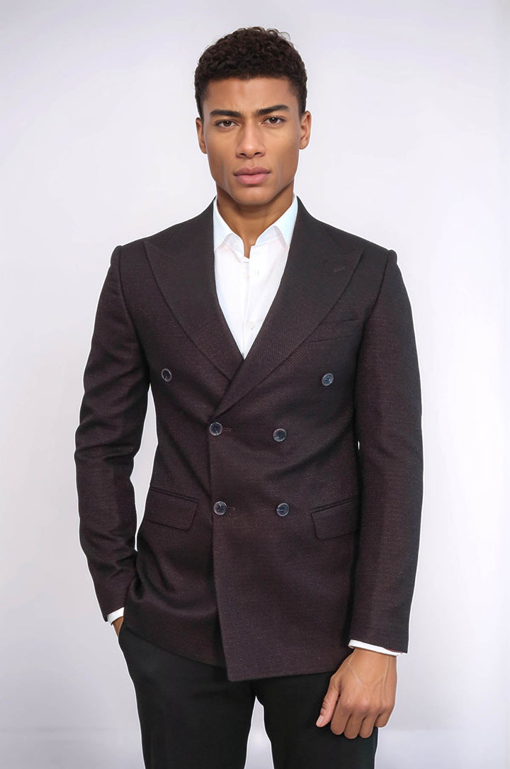 WSS Houndstooth Patterned Burgundy Men Double Breasted Blazer  - Swords