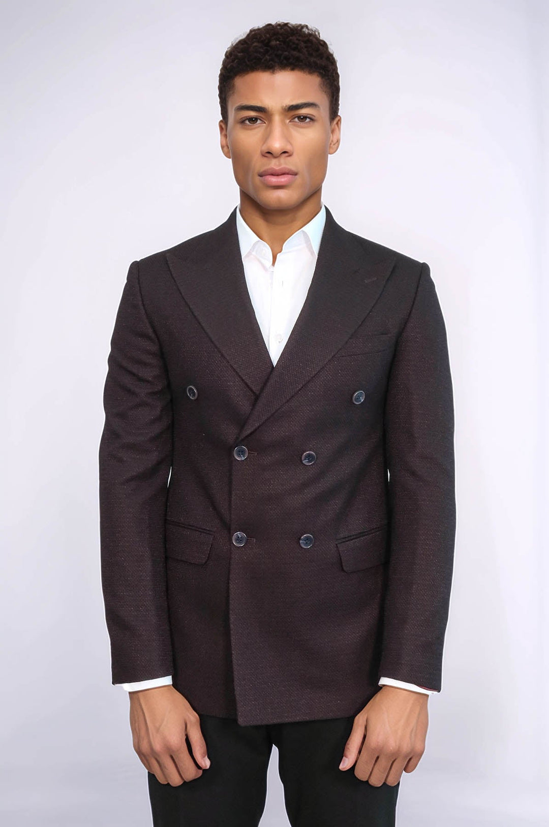 WSS Houndstooth Patterned Burgundy Men Double Breasted Blazer  - Swords