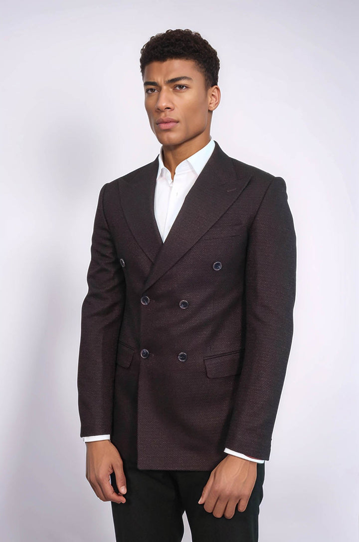 WSS Houndstooth Patterned Burgundy Men Double Breasted Blazer  - Swords