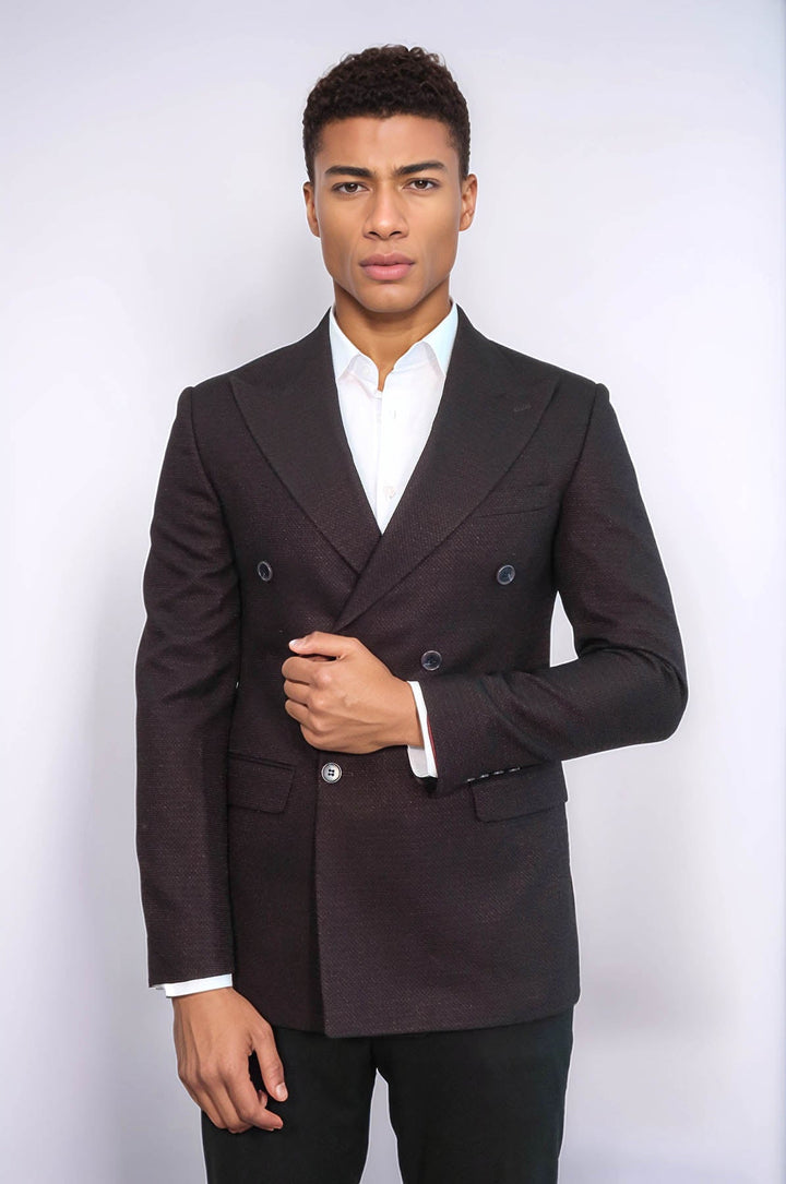 WSS Houndstooth Patterned Burgundy Men Double Breasted Blazer  - Swords