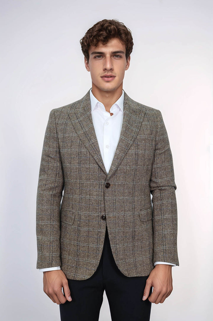 WSS Herringbone Slim Fit Wool Brown Men Blazer  - Valladolid