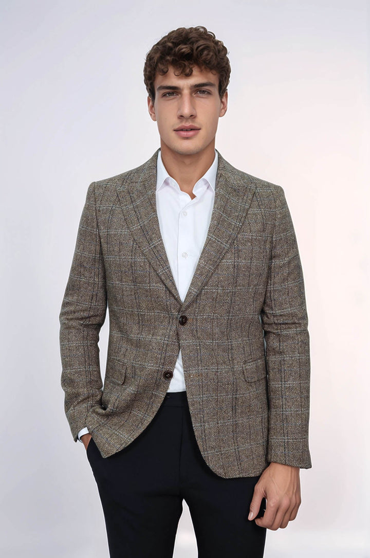 WSS Herringbone Slim Fit Wool Brown Men Blazer  - Valladolid