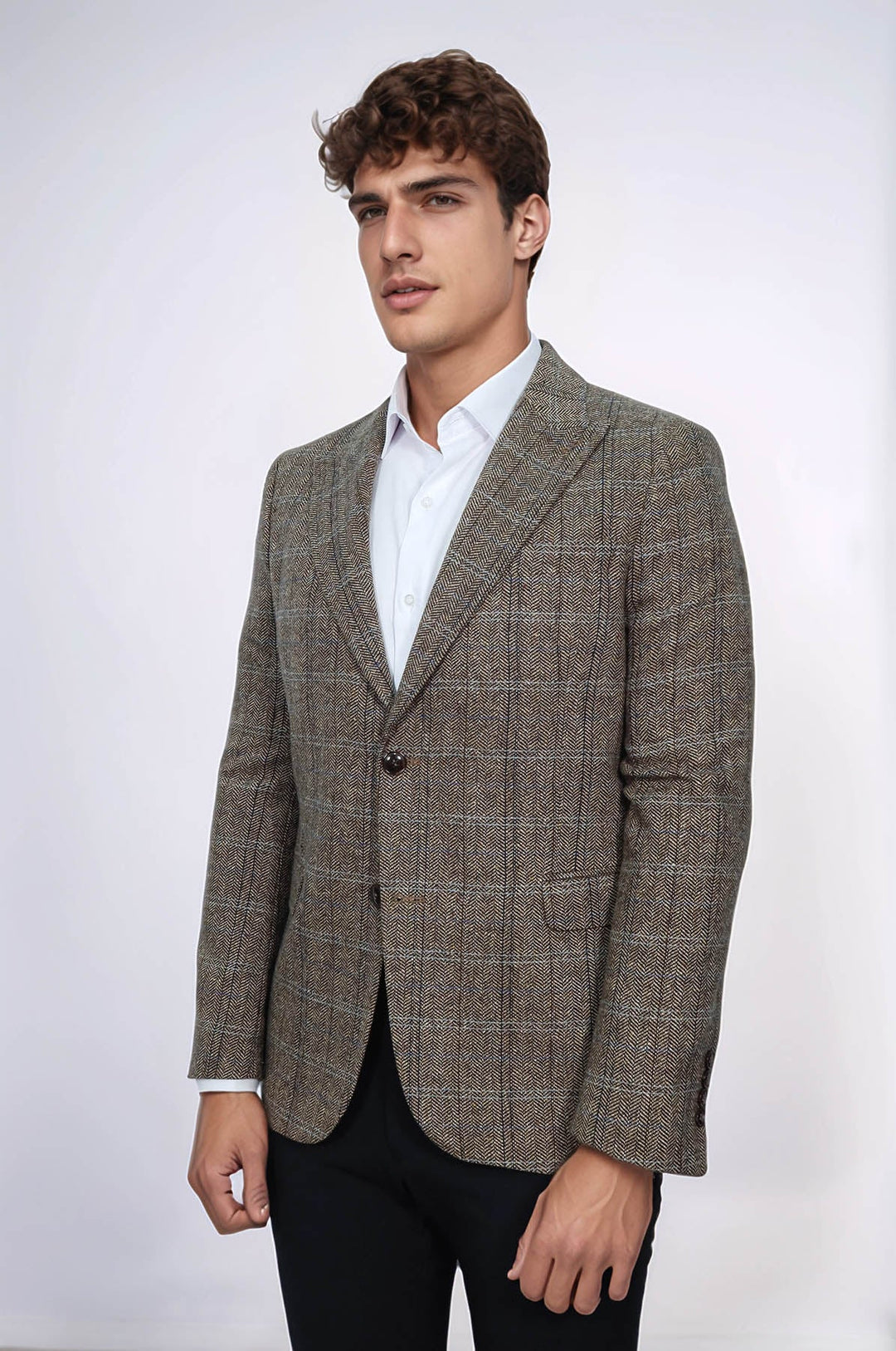 WSS Herringbone Slim Fit Wool Brown Men Blazer  - Valladolid