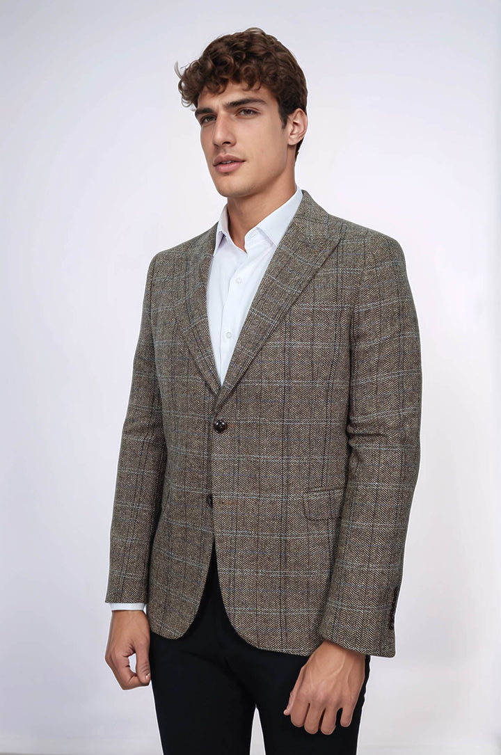 WSS Herringbone Slim Fit Wool Brown Men Blazer  - Valladolid