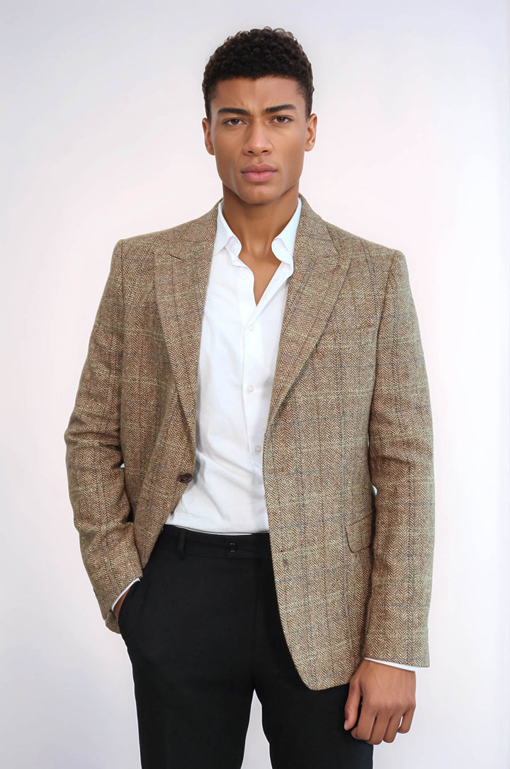 WSS Herringbone Slim Fit Wool Tan Men Blazer  - Inver Grove Heights