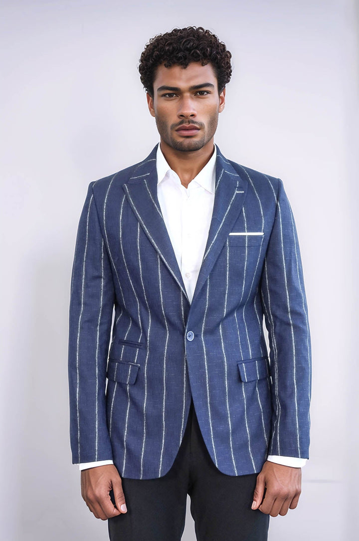 WSS Striped Slim-Fit Navy Blue Men Blazer  - Fresnillo