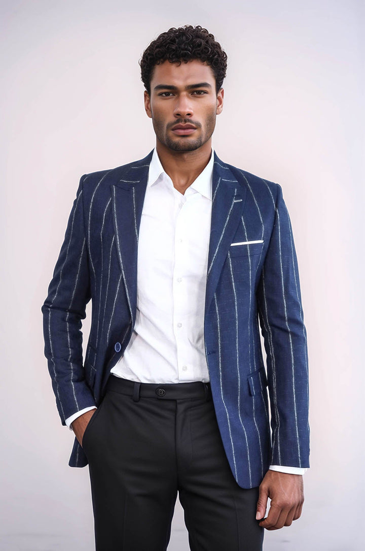 WSS Striped Slim-Fit Navy Blue Men Blazer  - Fresnillo