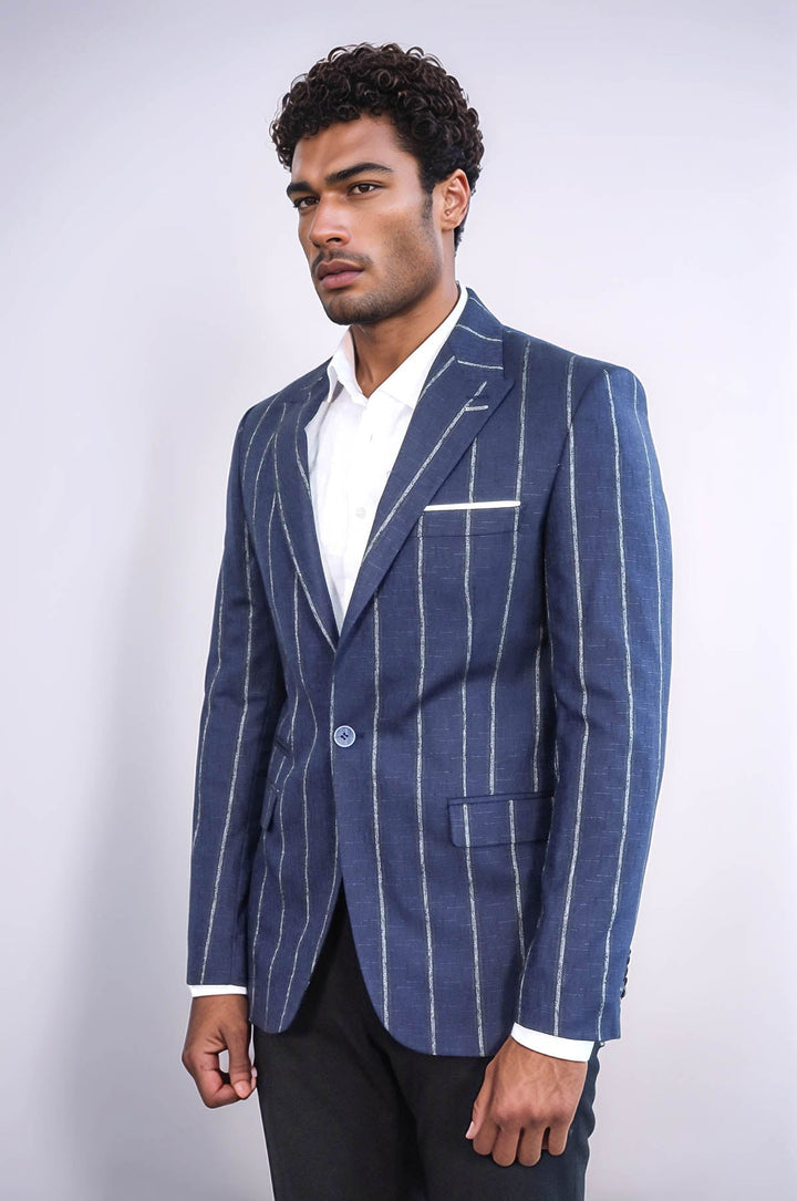 WSS Striped Slim-Fit Navy Blue Men Blazer  - Fresnillo