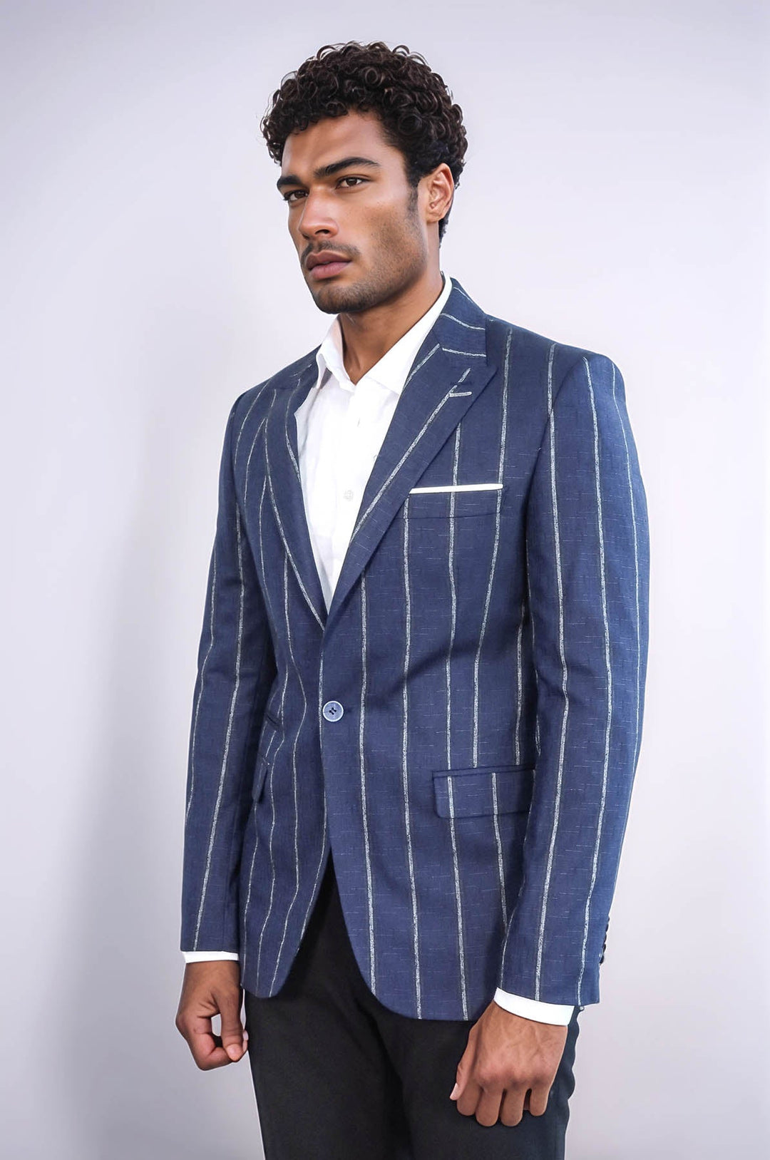 WSS Striped Slim-Fit Navy Blue Men Blazer  - Loures