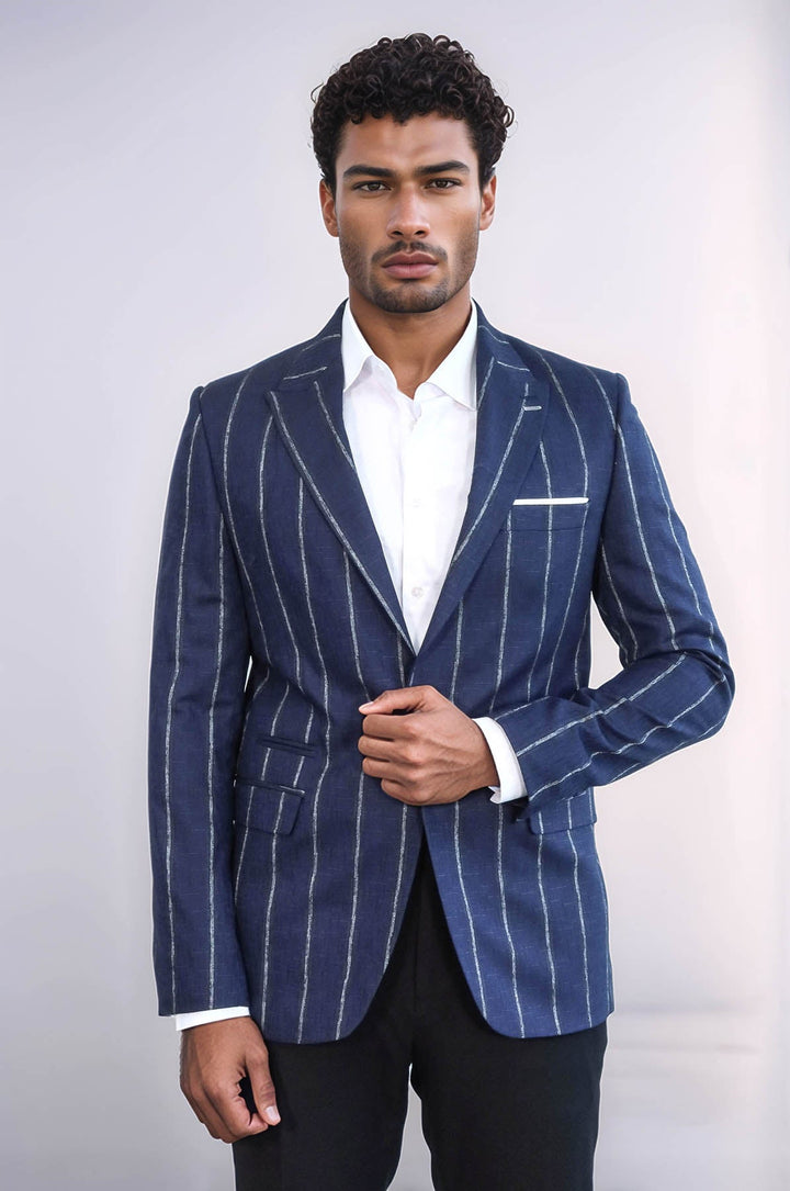 WSS Striped Slim-Fit Navy Blue Men Blazer  - Fresnillo