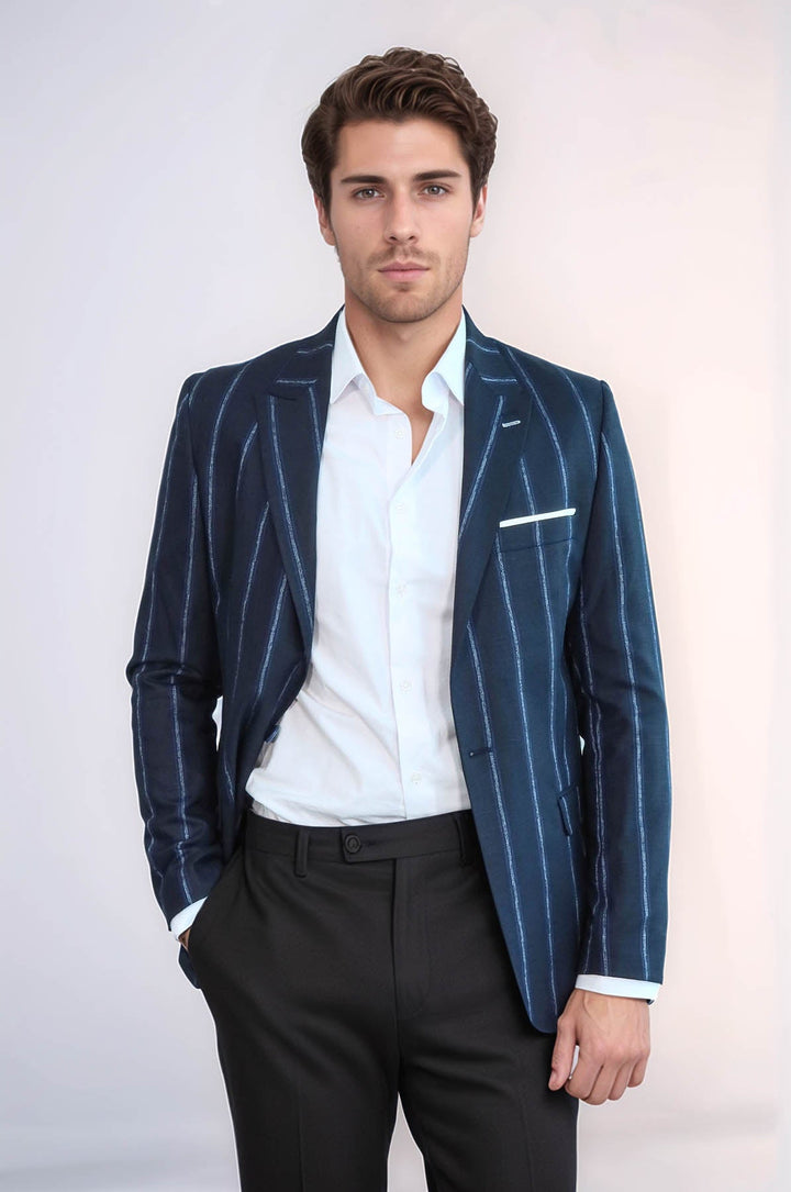 WSS Striped Dark Blue Slim-Fit Blazer  - Gent