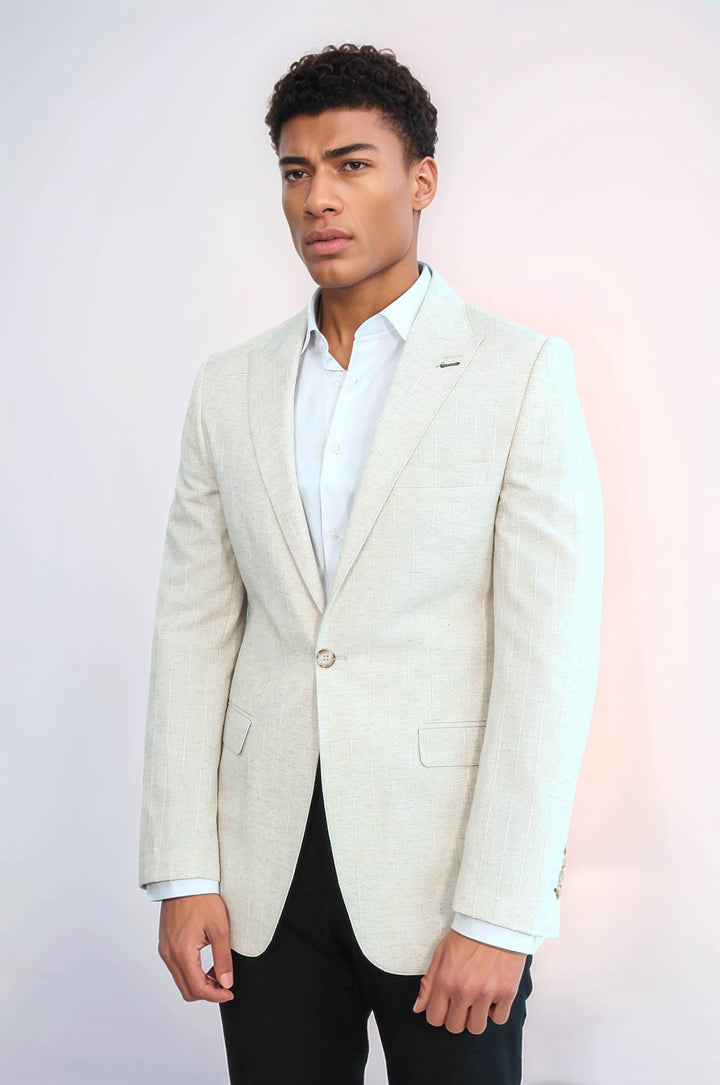 WSS Striped Peak Lapel Cream Sport Jacket  - Viersen
