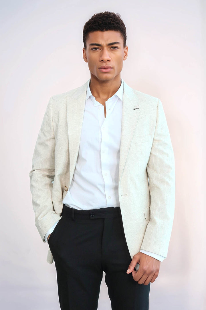 WSS Striped Peak Lapel Cream Sport Jacket  - Viersen