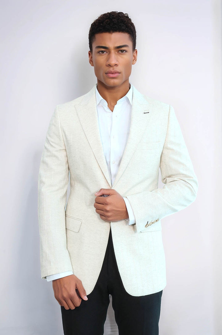WSS Striped Peak Lapel Cream Sport Jacket  - Viersen