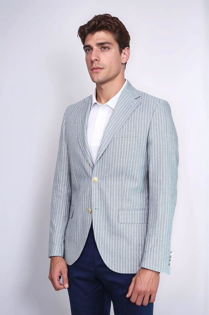 WSS Light Blue Striped Linen Gold Button Slim Fit Men's Blazer Jacket  - Rennes