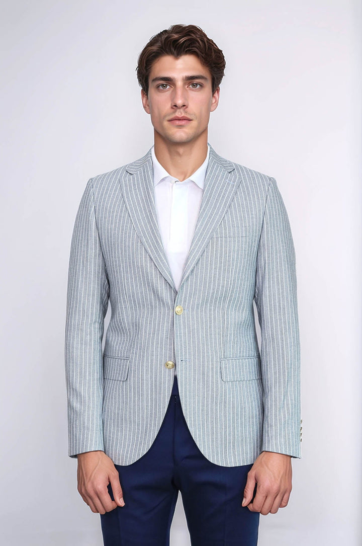 WSS Light Blue Striped Linen Gold Button Slim Fit Men's Blazer Jacket  - Rennes