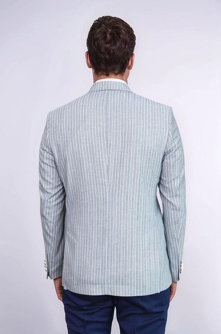 WSS Light Blue Striped Linen Gold Button Slim Fit Men's Blazer Jacket  - Rennes