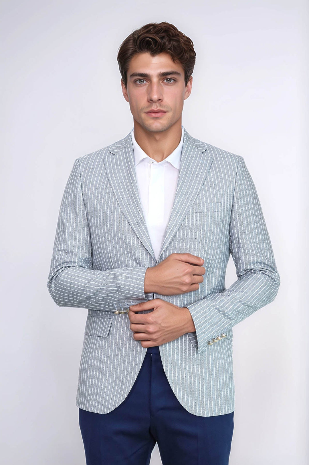 WSS Light Blue Striped Linen Gold Button Slim Fit Men's Blazer Jacket  - Rennes