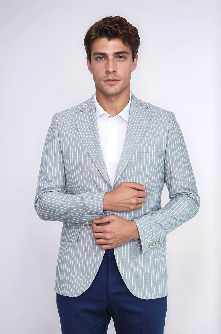 WSS Light Blue Striped Linen Gold Button Slim Fit Men's Blazer Jacket  - Rennes