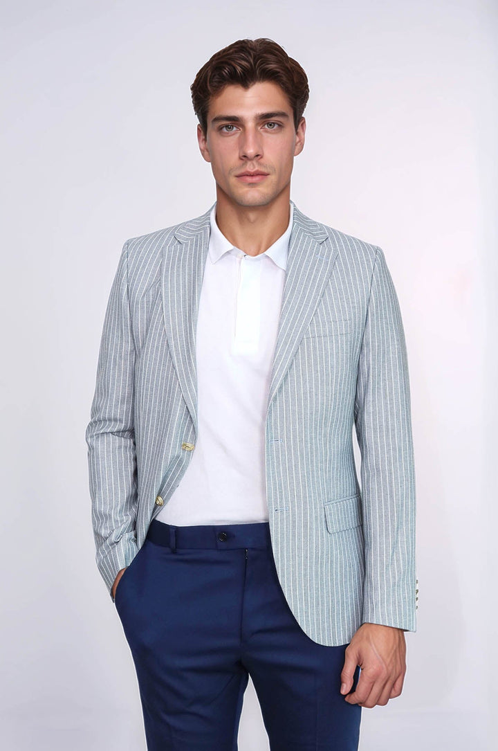 WSS Light Blue Striped Linen Gold Button Slim Fit Men's Blazer Jacket  - Rennes