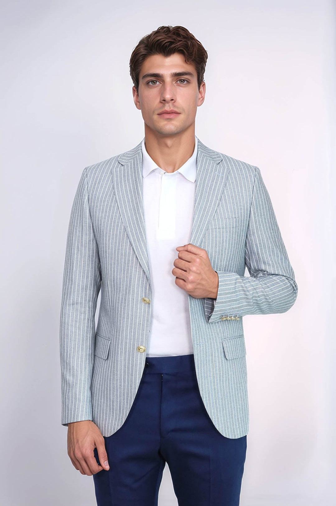WSS Light Blue Striped Linen Gold Button Slim Fit Men's Blazer Jacket  - Rennes