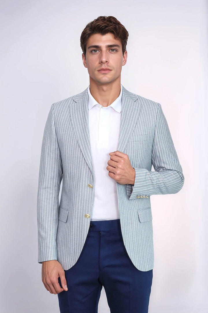 WSS Light Blue Striped Linen Gold Button Slim Fit Men's Blazer Jacket  - Rennes
