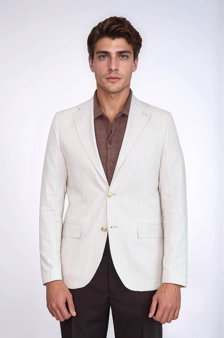 WSS Cream Striped Linen Gold Metal Button Slim Fit Men's Blazer Jacket  - Ensenada