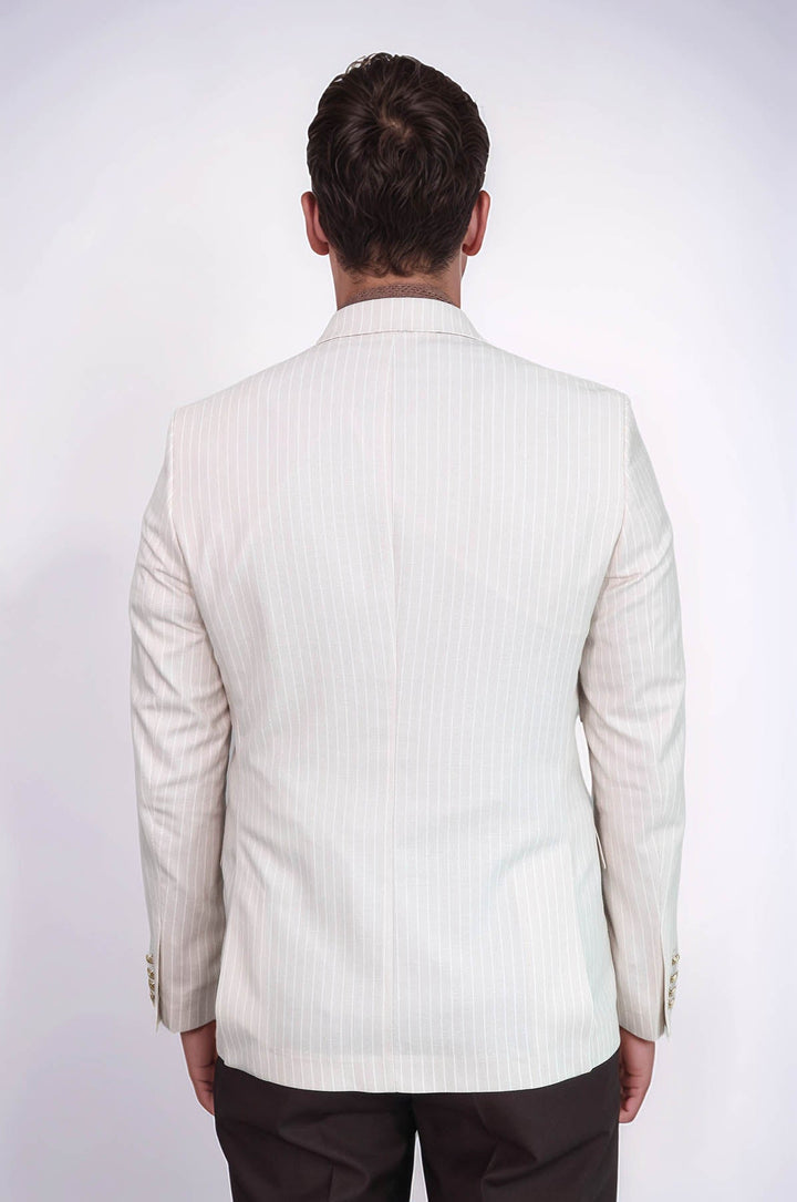 WSS Cream Striped Linen Gold Metal Button Slim Fit Men's Blazer Jacket  - Ensenada