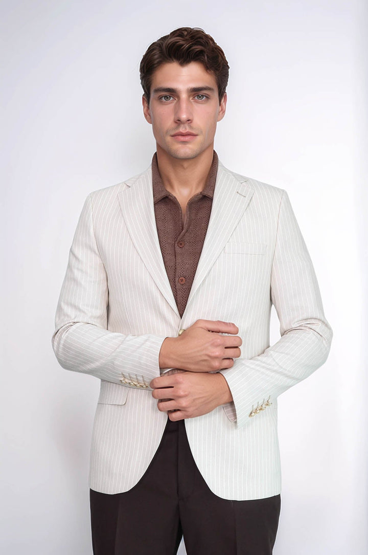 WSS Cream Striped Linen Gold Metal Button Slim Fit Men's Blazer Jacket  - Ensenada