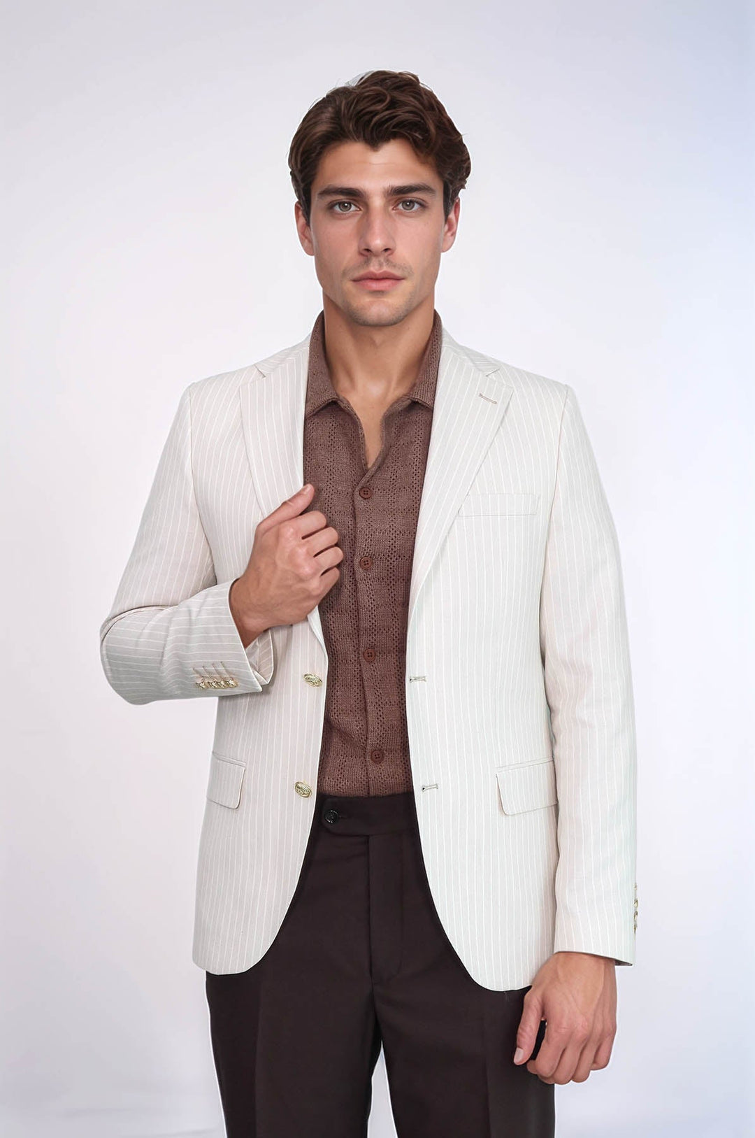 WSS Cream Striped Linen Gold Metal Button Slim Fit Men's Blazer Jacket  - Ensenada